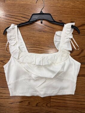 BCBGeneration White Ruffle Crop Top Sleeveless Square Neck Blouse